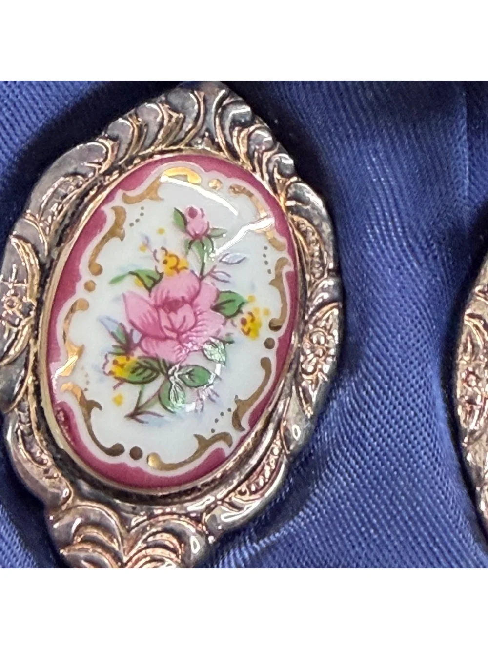 Porcelain floral silver plated desert spoon set of 6 vintage